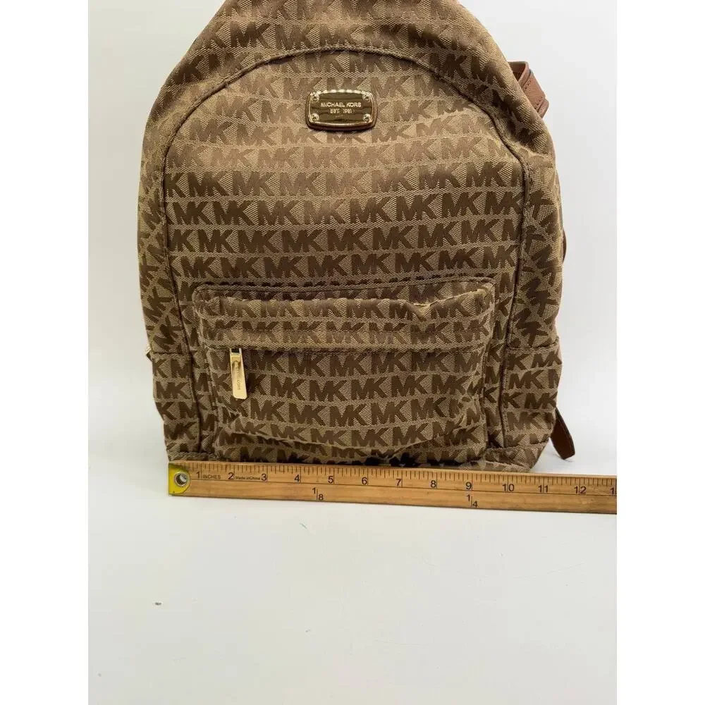 Michael Kors MK Logo Backpack Brown Tan Canvas Leather Trim Small Backpack